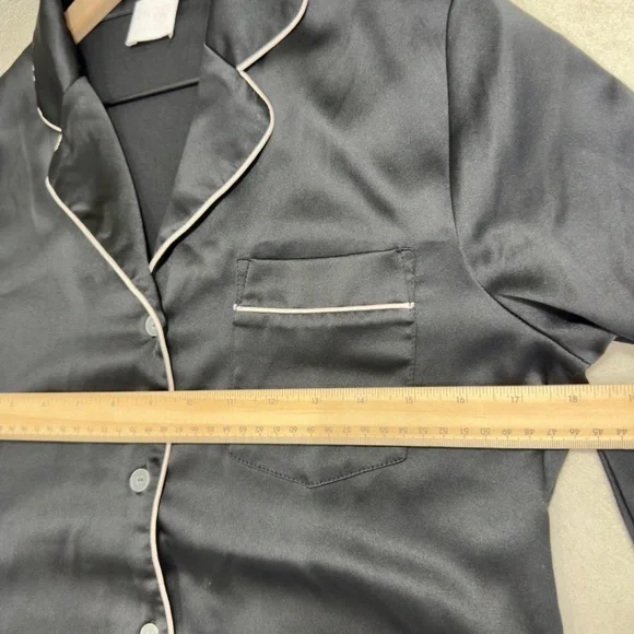 Le Rose Stories Black Satin Pajama Set White Trim XS - Picture 8 of 8